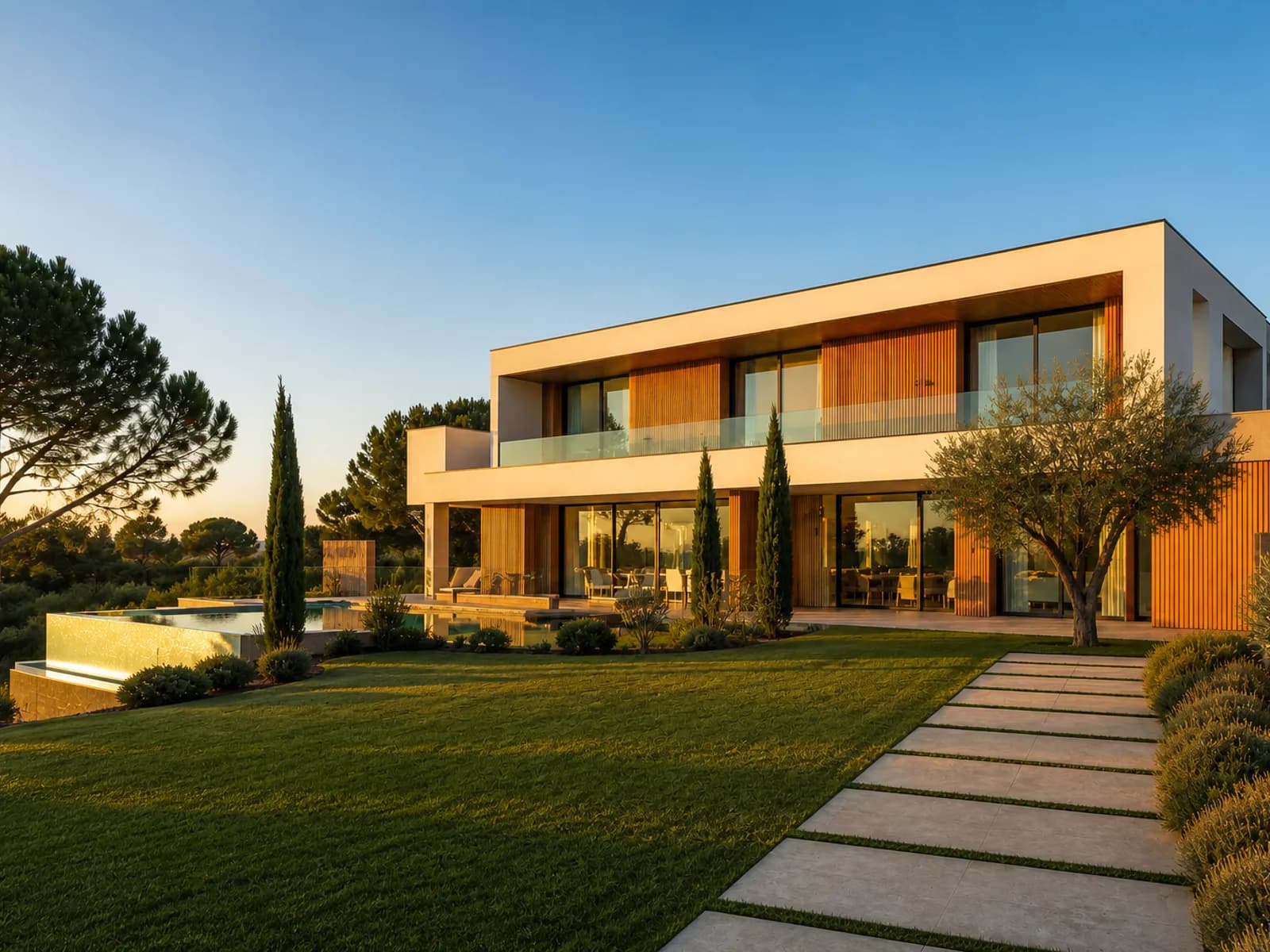 Maison contemporaine avec jardin, à l’heure dorée